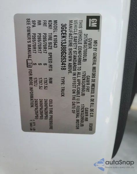 2008 Chevrolet Silverado K1500 z USA, uszkodzony, nr VIN 3GCEK13J88G263418